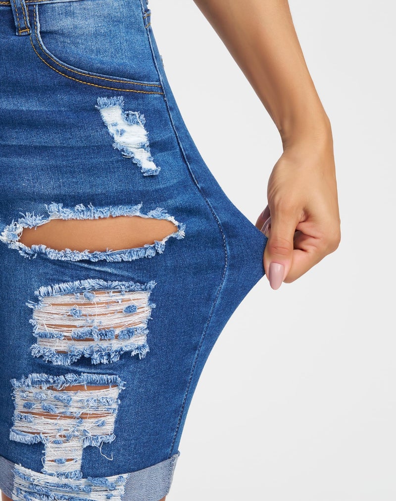 roswear Women's Ripped Denim Mid Rise Stretchy Bermuda Shorts Jeans Denim Large - Image 4